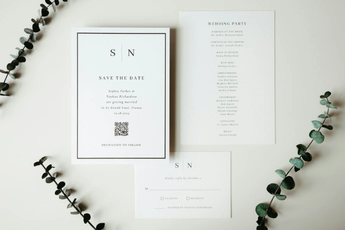 Wedding invitations and stationery displayed with greenery.